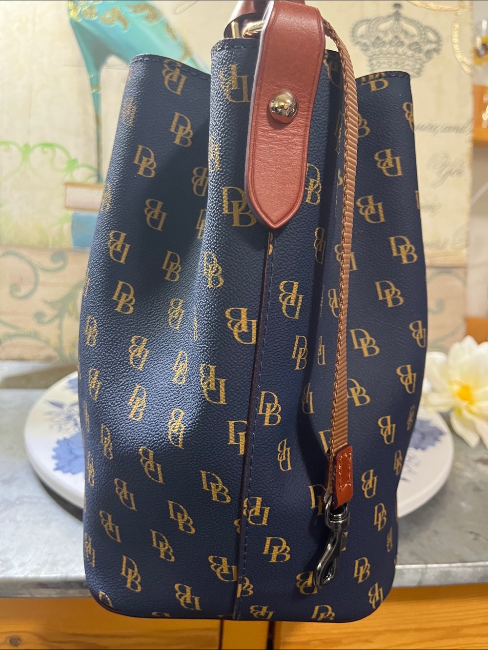 Dooney & Bourke Navy Logo Satchel with Brown Leather Handles - Picture 2 of 13
